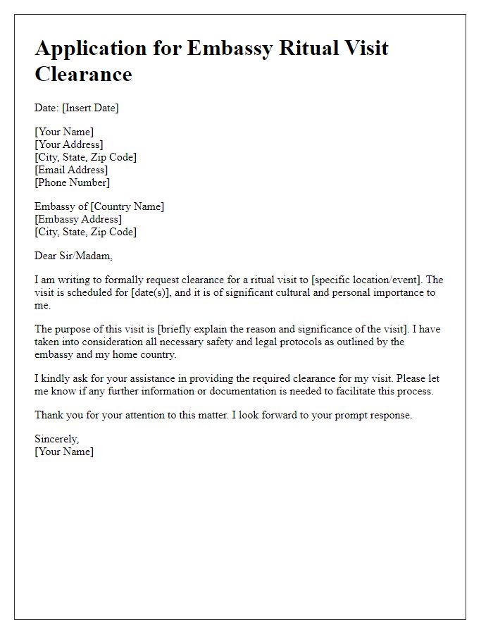 Letter template of application for embassy ritual visit clearance