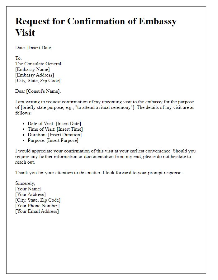 Letter template of confirmation request for embassy ritual visit