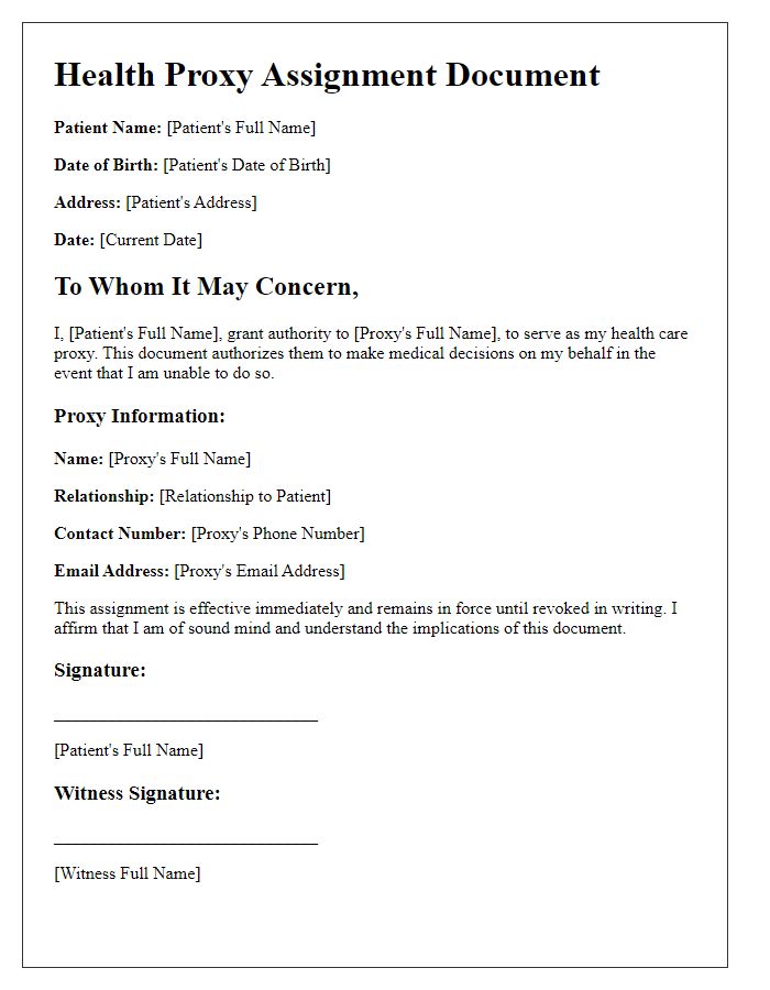 Letter template of health proxy assignment documentation.