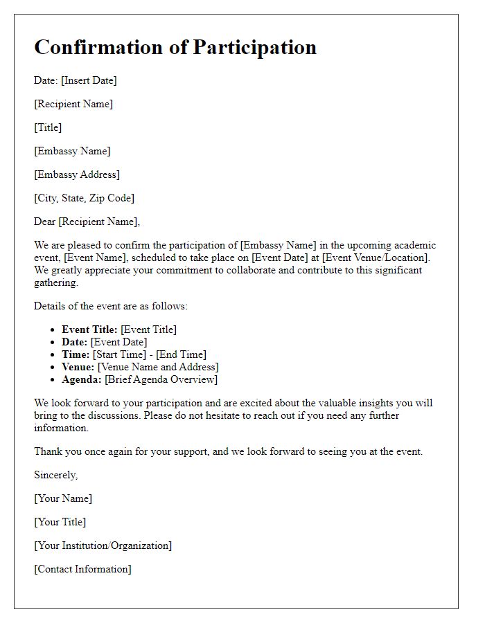 Letter template of confirmation of embassy participation at an academic event