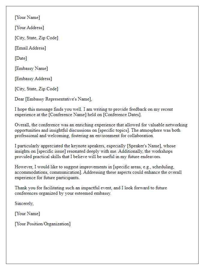 Letter template of feedback to embassy on conference experience