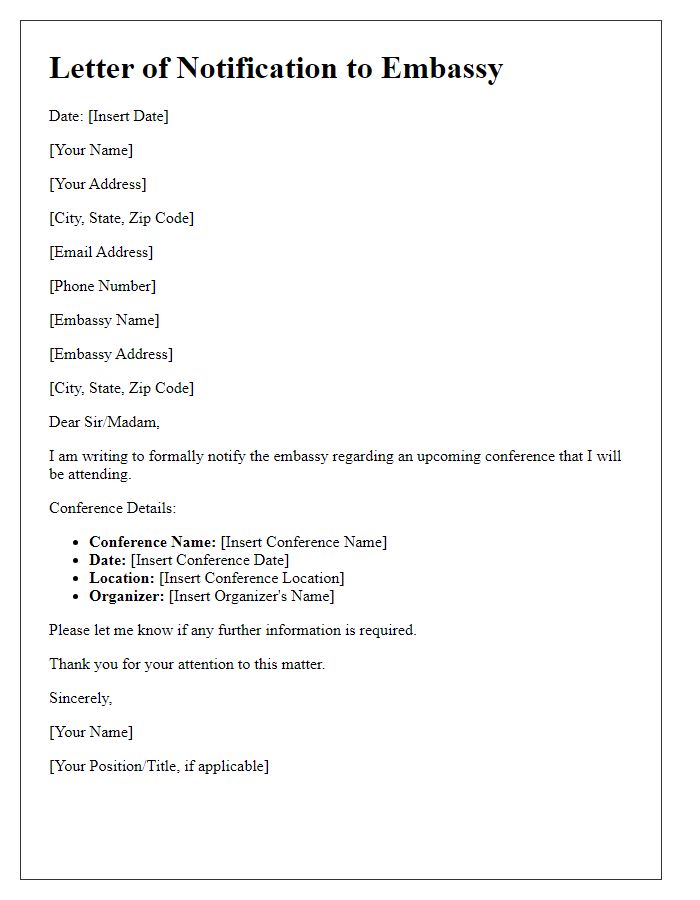 Letter template of notification to embassy regarding conference details