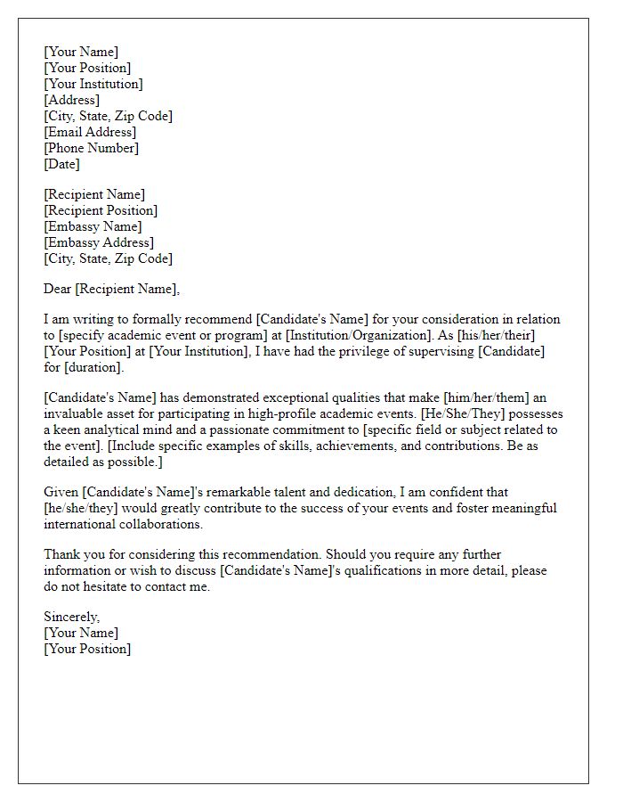 Letter template of recommendation for embassy involvement in academic events