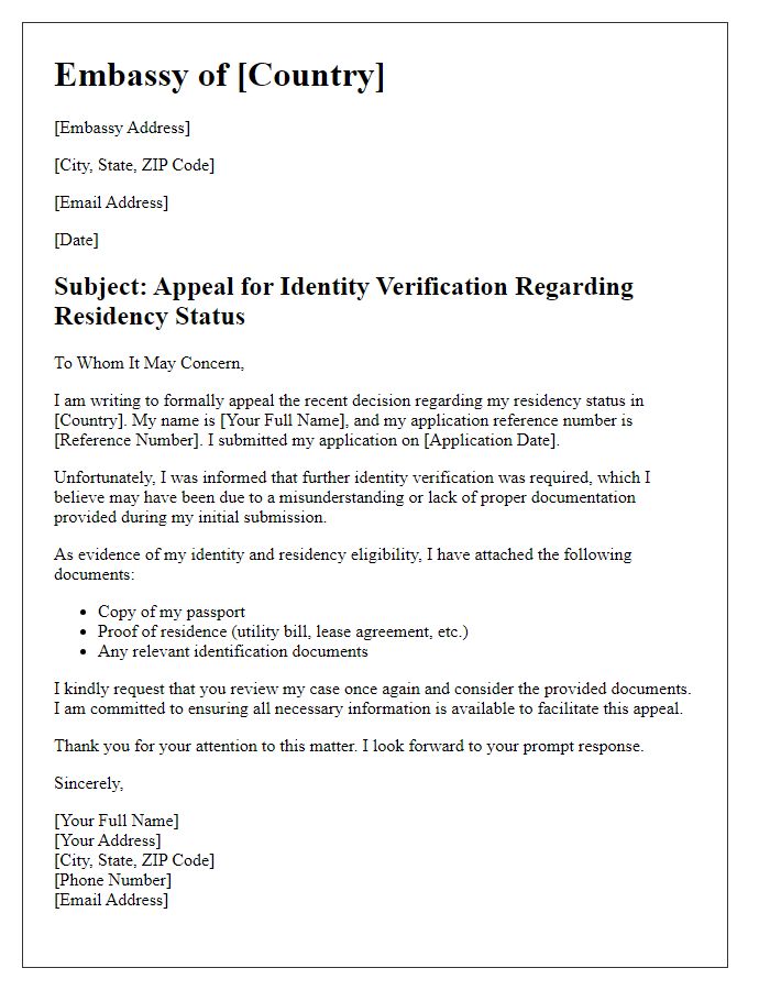 Letter template of embassy identity verification appeal for residency status.