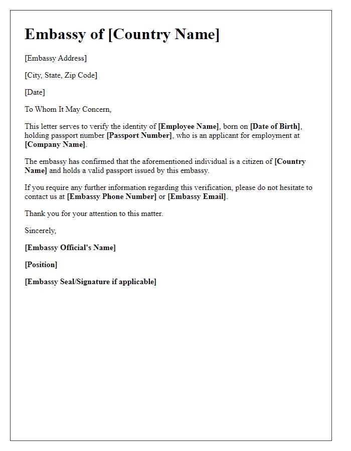 Letter template of embassy identity verification for employment verification.