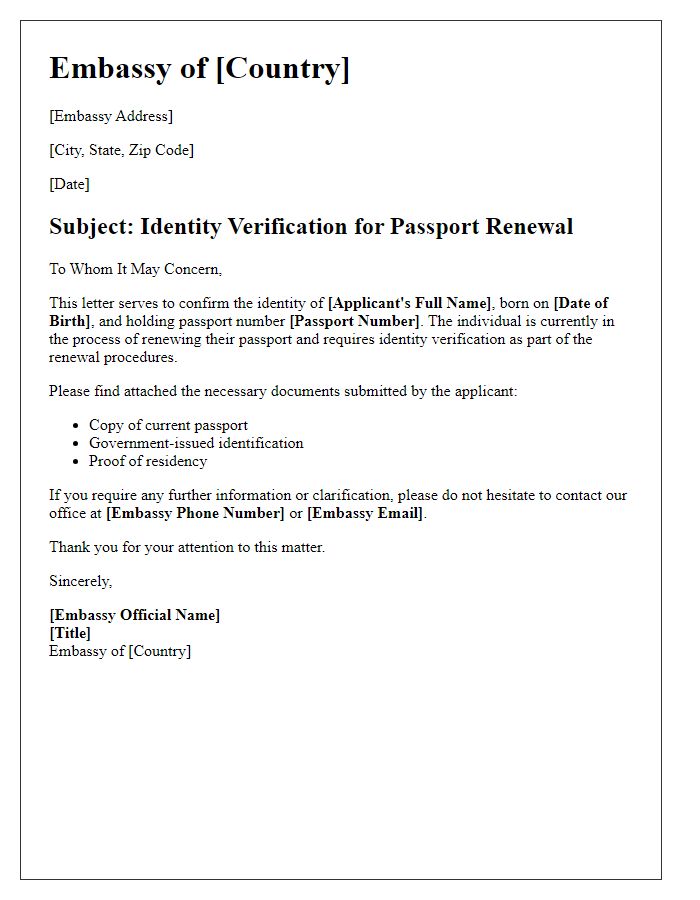 Letter template of embassy identity verification for passport renewal process.