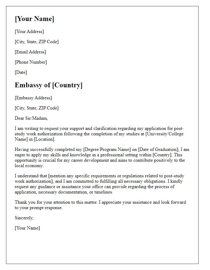 Letter template of explanation for embassy regarding post-study work authorization