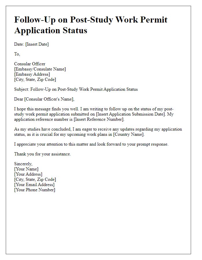 Letter template of follow-up for post-study work permit application status from embassy