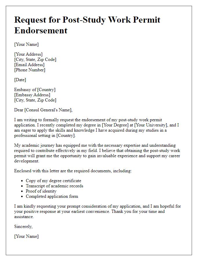 Letter template of formal request for post-study work permit endorsement at embassy