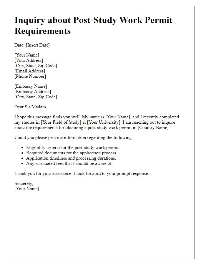 Letter template of inquiry about post-study work permit requirements for embassy