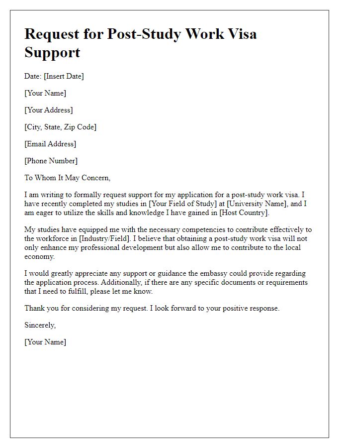 Letter template of request for post-study work visa support from embassy