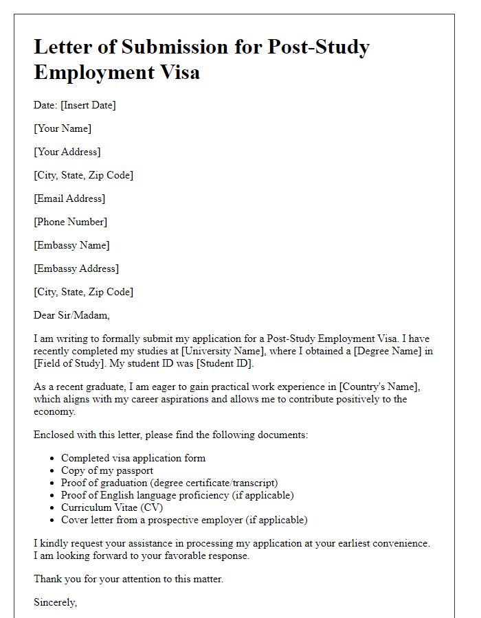 Letter template of submission for post-study employment visa to embassy