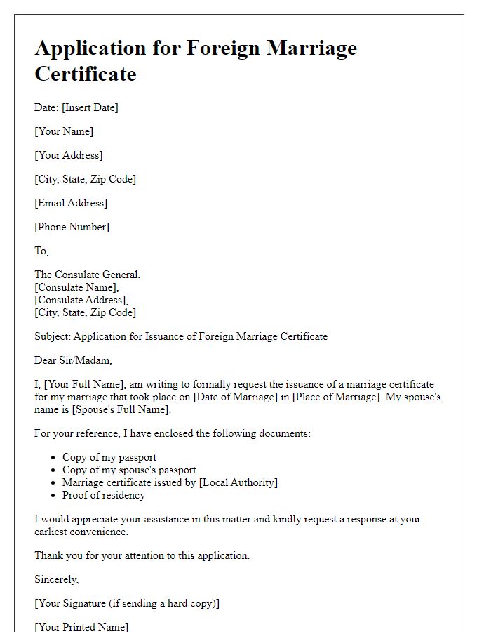 Letter template of application for foreign marriage certificate at consulate