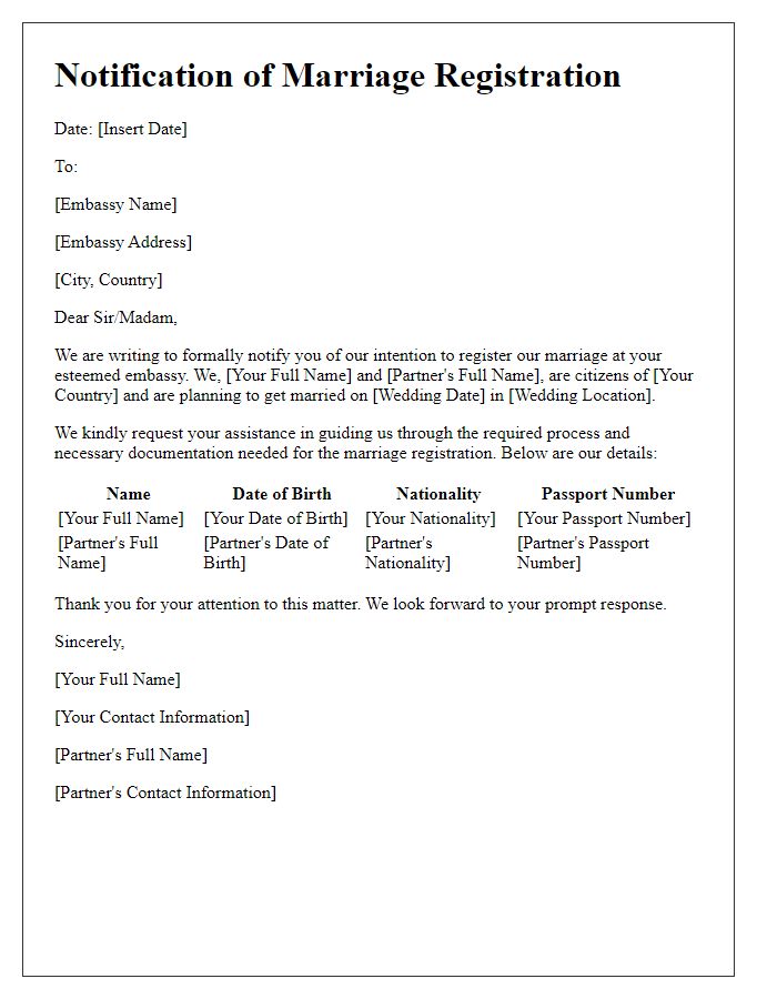 Letter template of notification for marriage registration at embassy