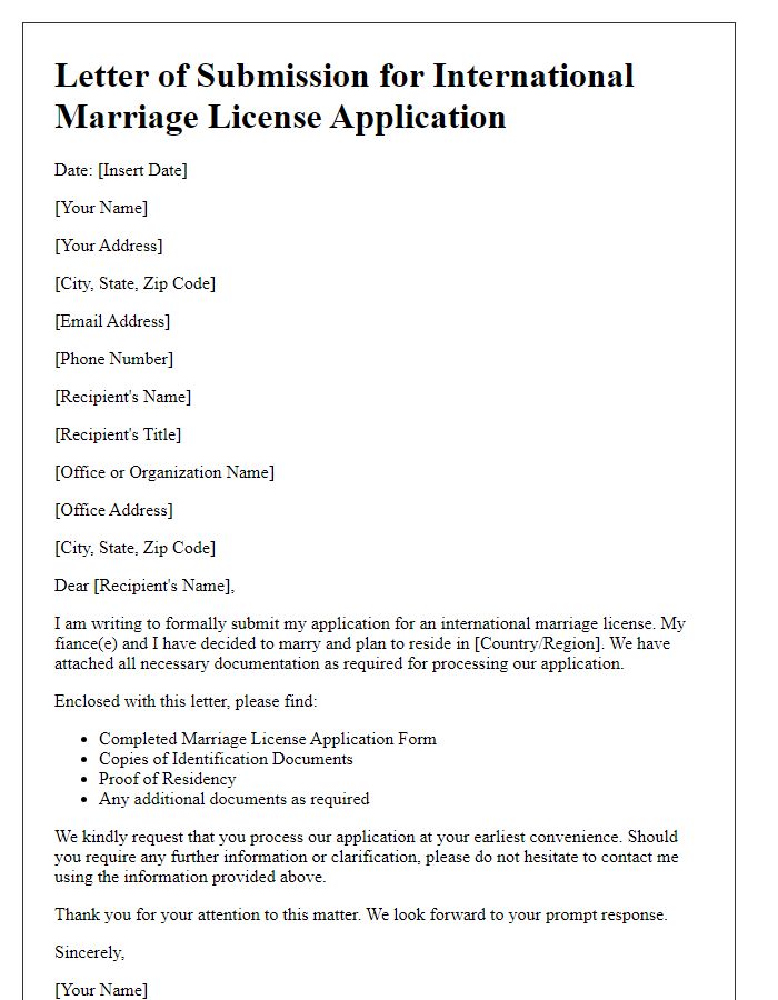 Letter template of submission for international marriage license application