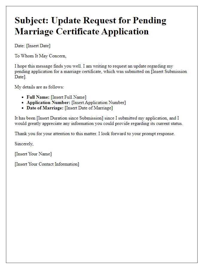 Letter template of update request for pending marriage certificate application