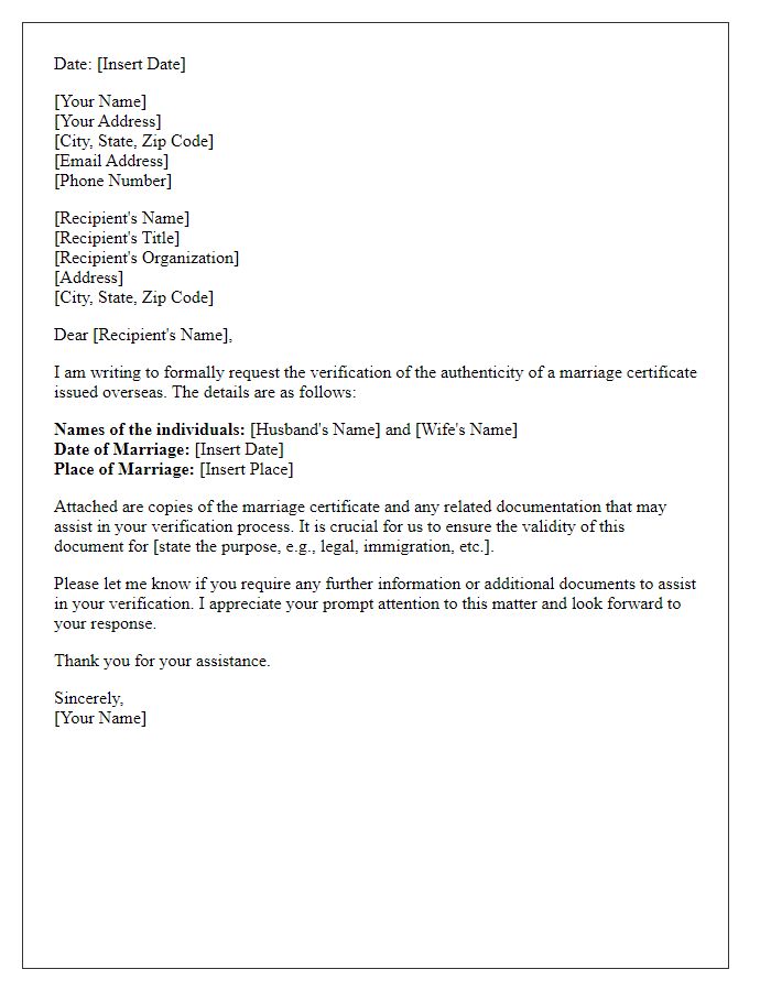 Letter template of verification request for overseas marriage certificate authenticity