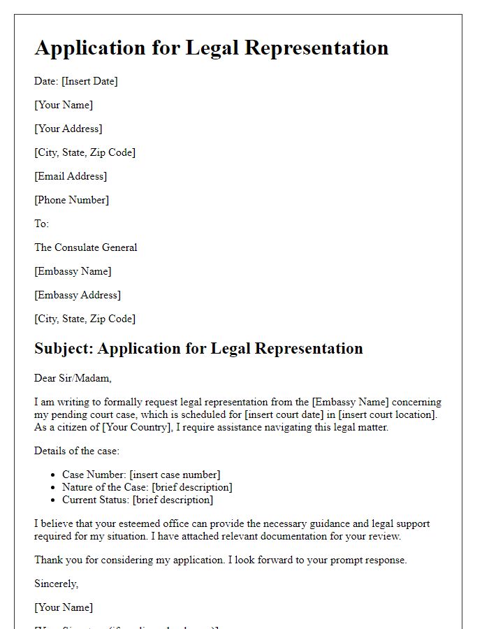 Letter template of application for embassy legal representation for pending court case