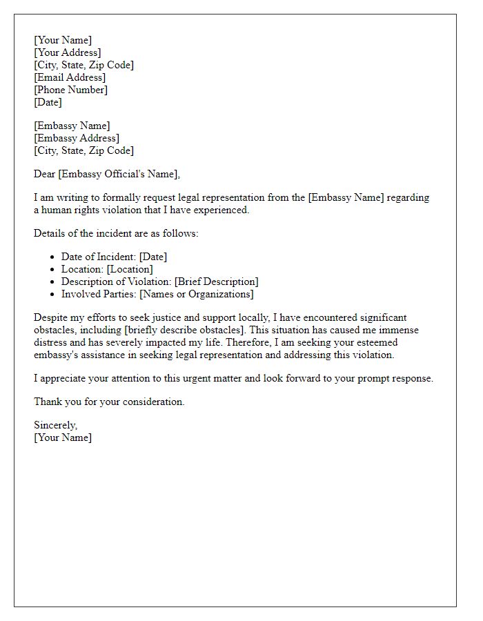 Letter template of communication for embassy legal representation for human rights violation