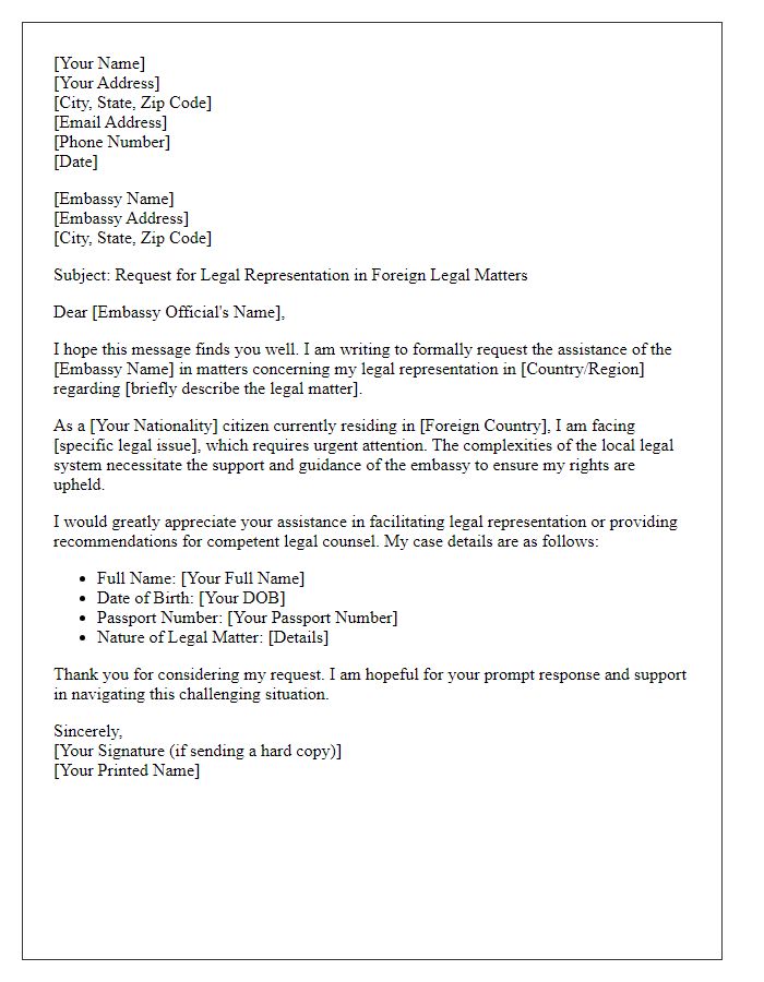 Letter template of formality for embassy legal representation in foreign legal matters