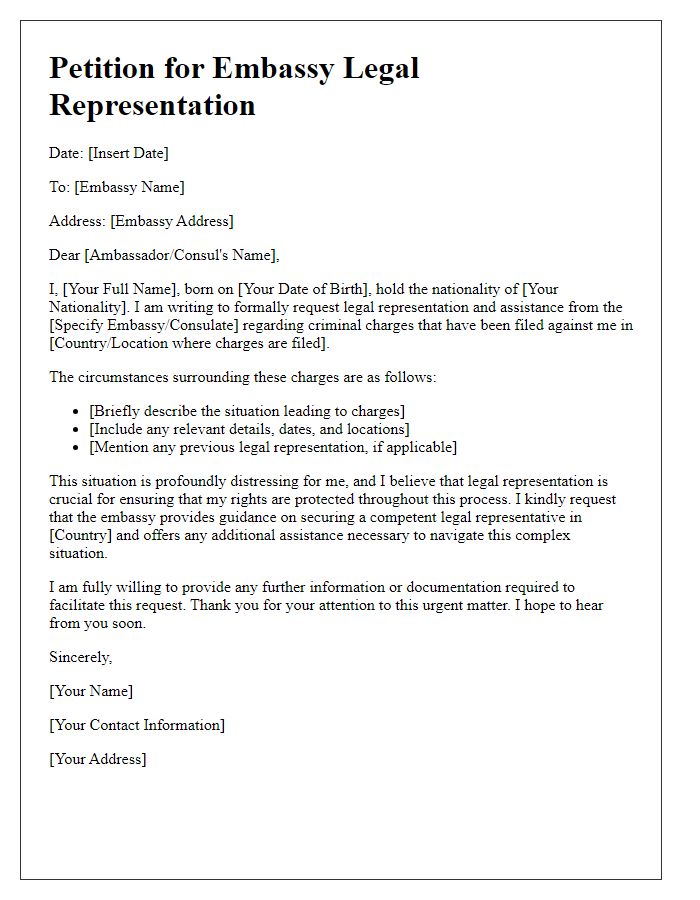 Letter template of petition for embassy legal representation for criminal charges overseas