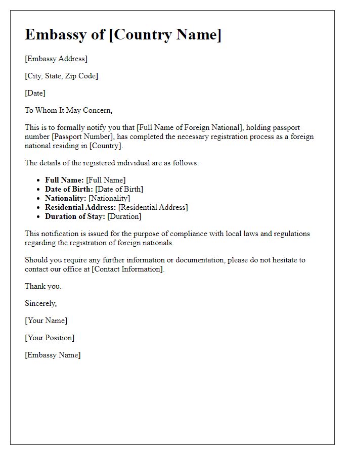 Letter template of Embassy Notification for Foreign National Registration