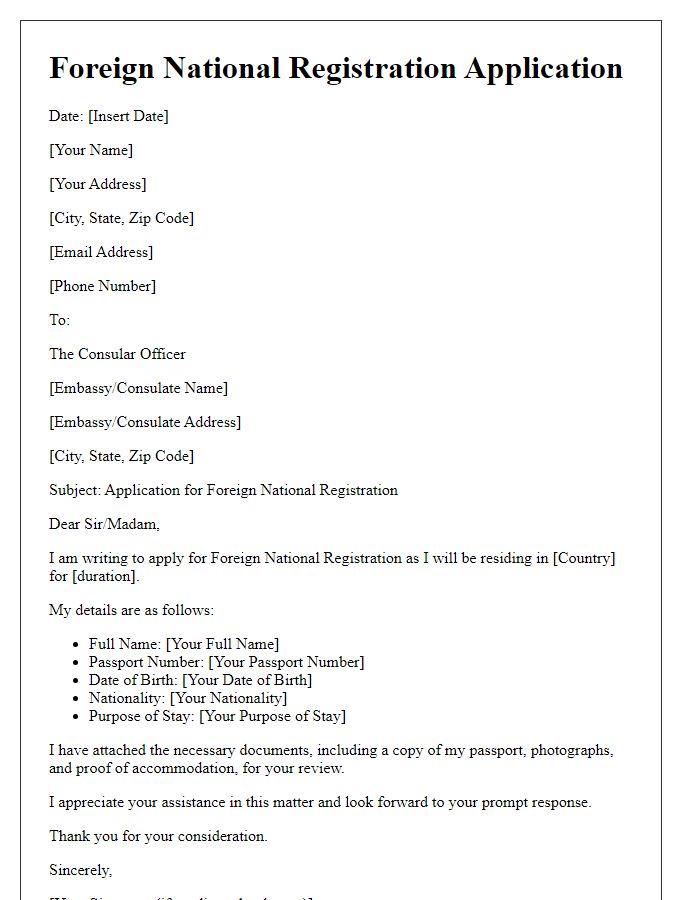 Letter template of Foreign National Registration Application to Embassy