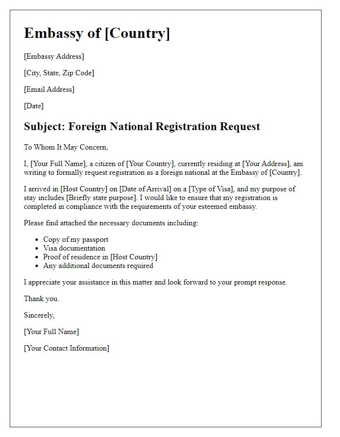 Letter template of Foreign National Registration at Embassy