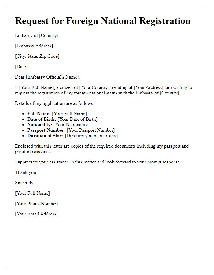 Letter template of Request for Embassy Foreign National Registration