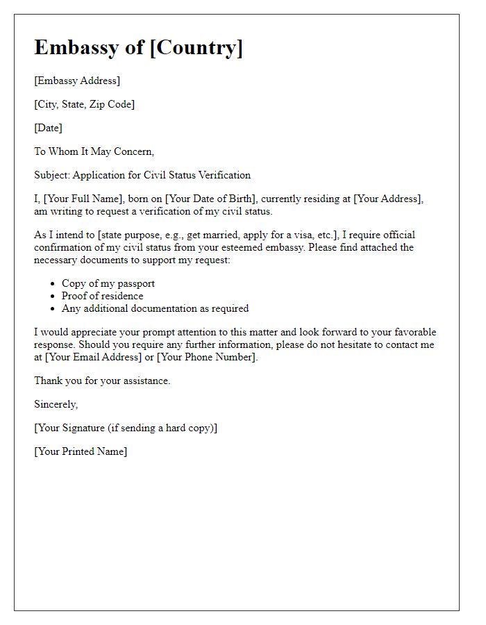 Letter template of Embassy Application for Civil Status Verification