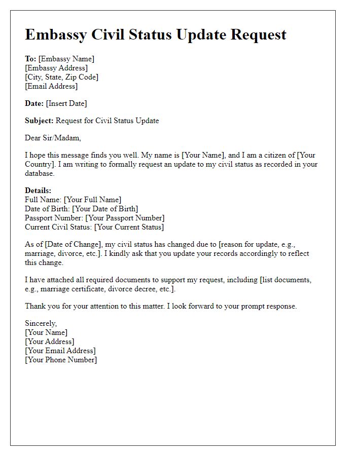 Letter template of Embassy Civil Status Update Request