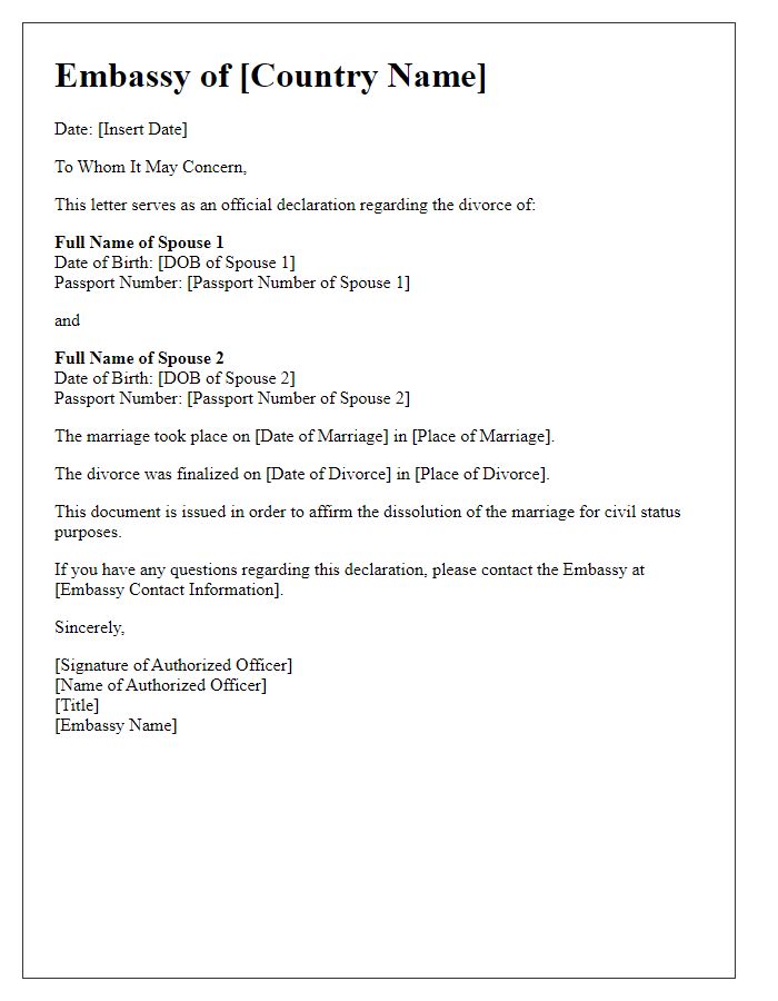 Letter template of Embassy Declaration of Divorce for Civil Status