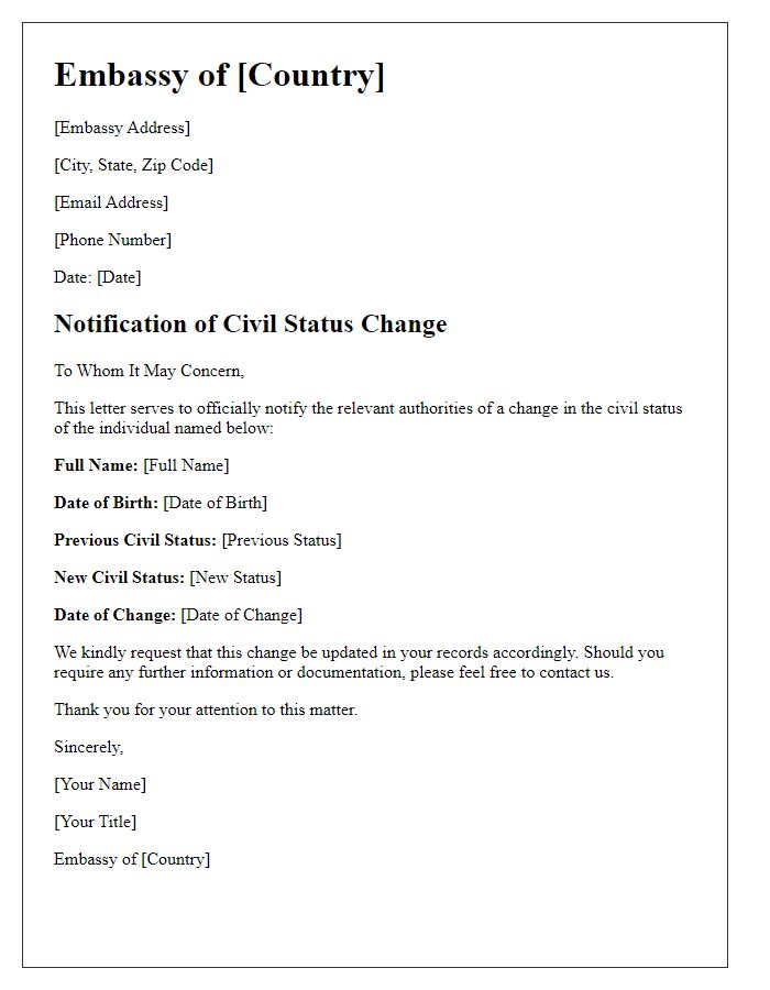 Letter template of Embassy Notification of Civil Status Change