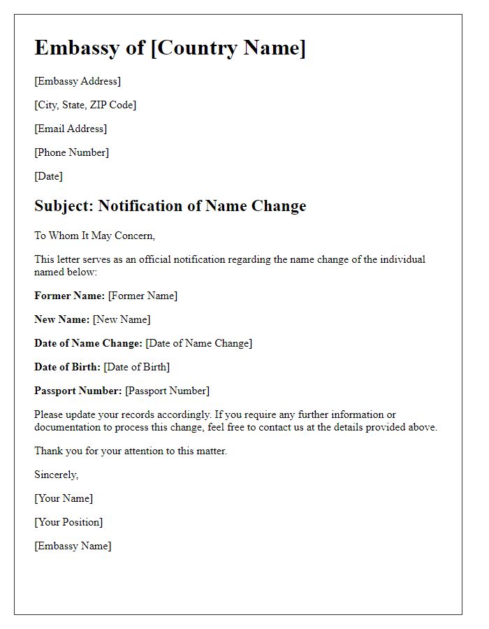 Letter template of Embassy Notification of Name Change