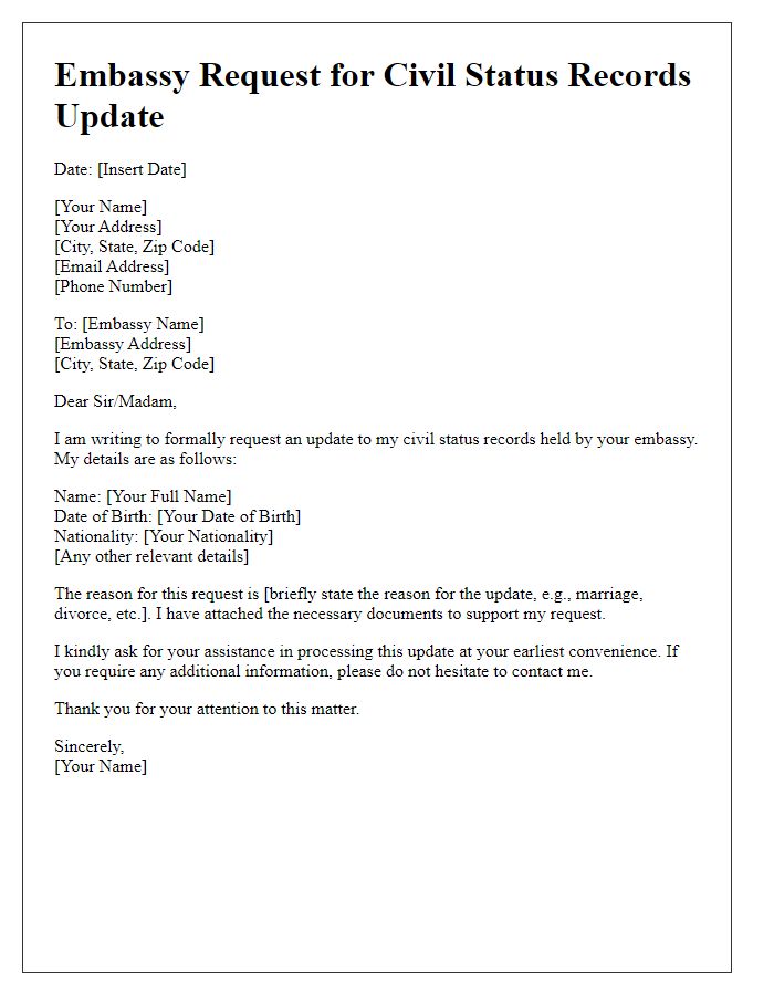 Letter template of Embassy Request for Civil Status Records Update