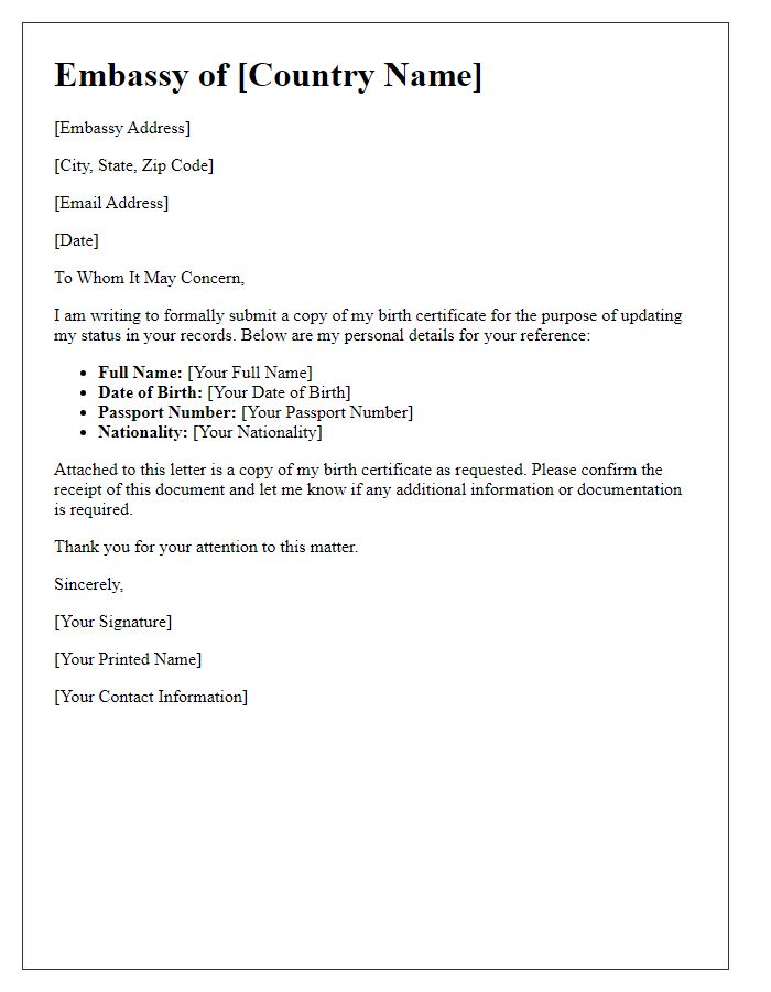 Letter template of Embassy Submission of Birth Certificate for Status Update