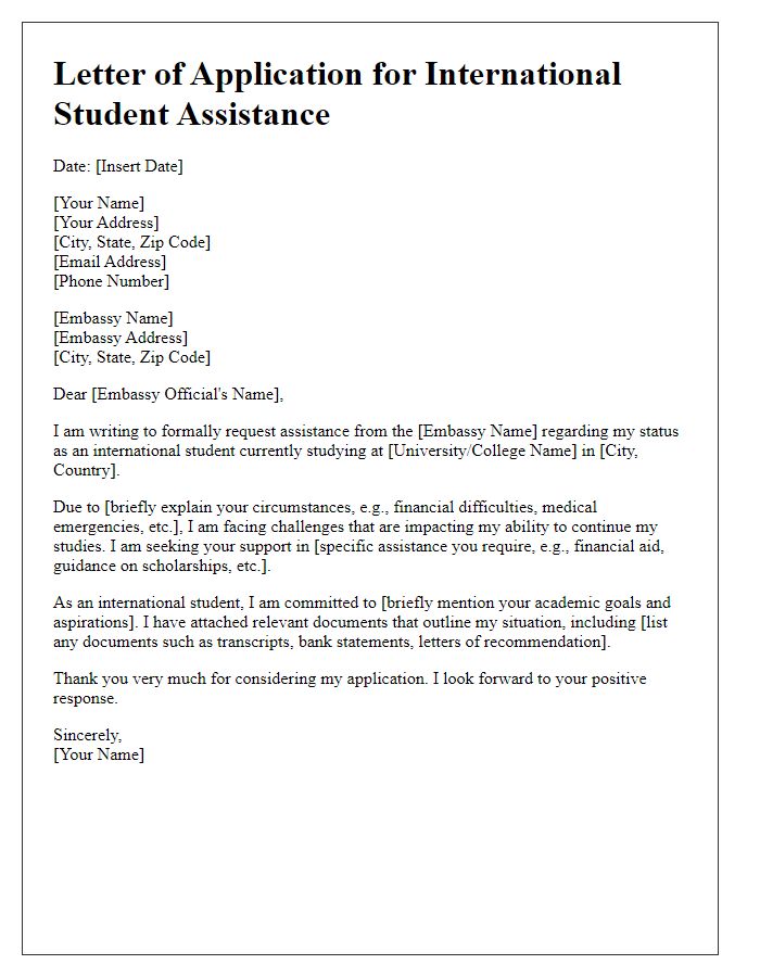 Letter template of application for international student assistance through the embassy