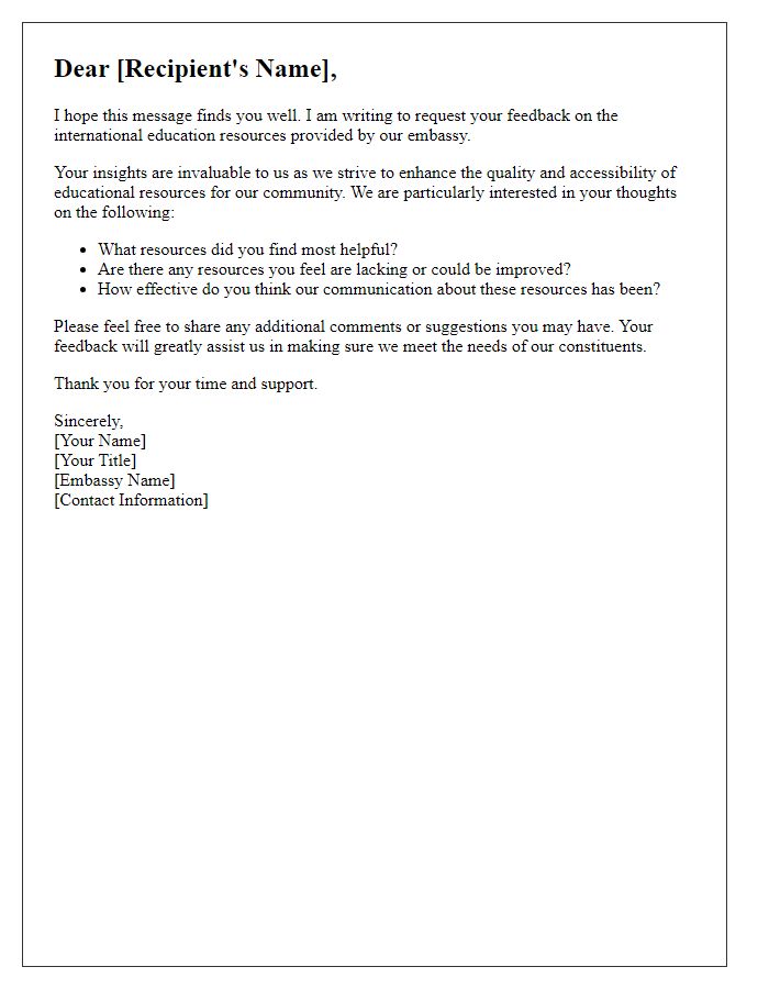 Letter template of feedback request on international education resources from the embassy