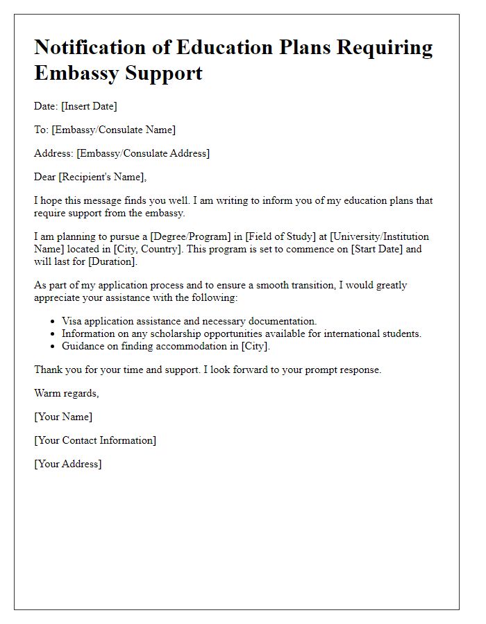 Letter template of notification of education plans needing embassy support