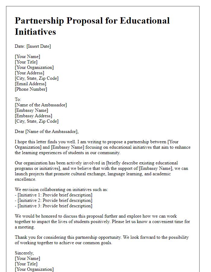 Letter template of partnership proposal for education initiatives with the embassy