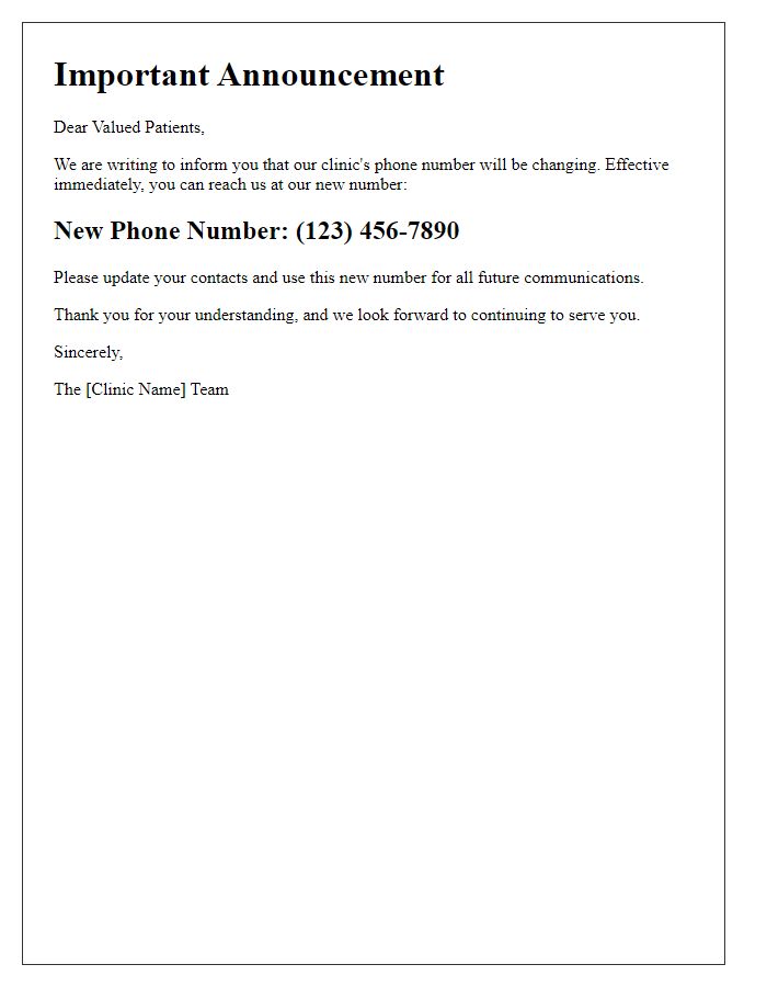 Letter template of announcement regarding clinic's phone change