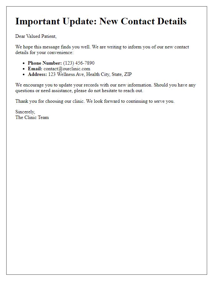 Letter template of clinic's new contact details for patients