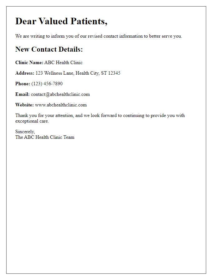 Letter template of clinic's revised contact information