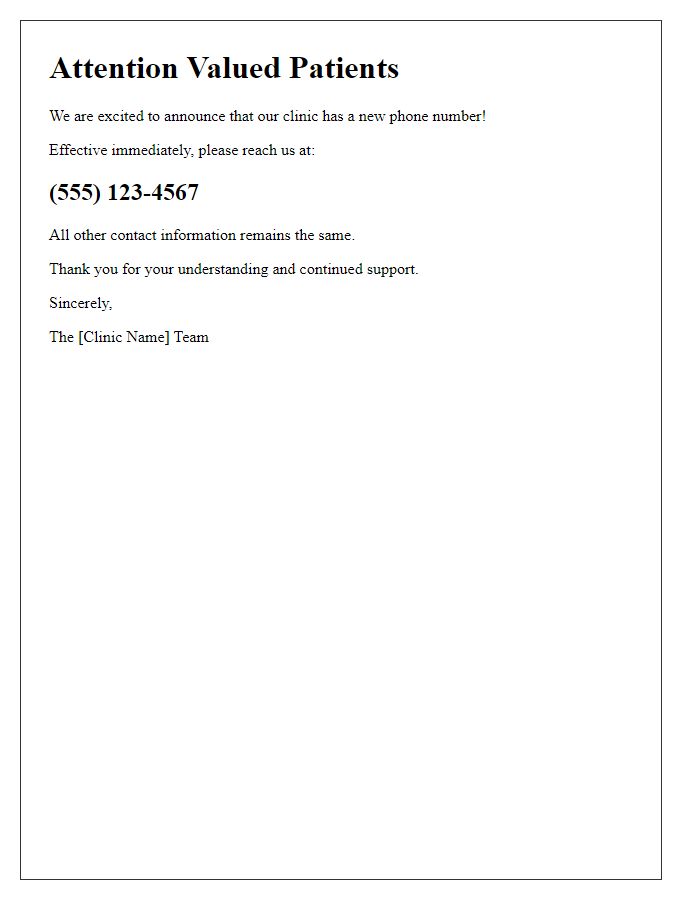 Letter template of new phone number announcement for clinic