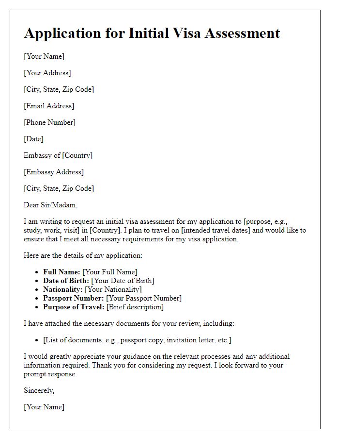 Letter template of application for embassy initial visa assessment