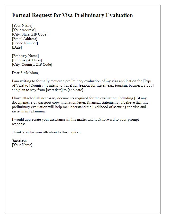 Letter template of formal request for visa preliminary evaluation at embassy