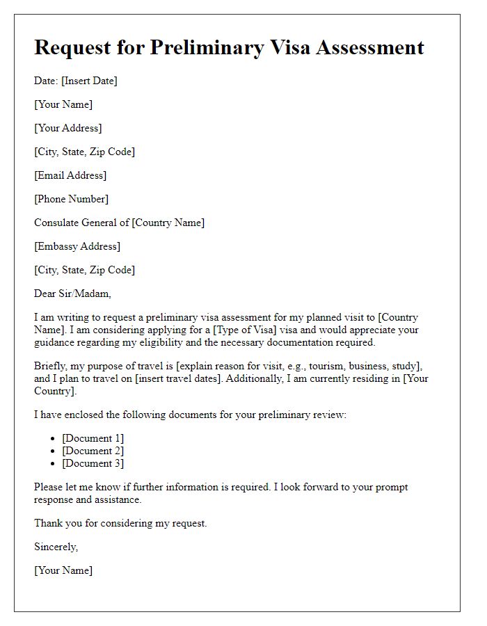 Letter template of request for embassy preliminary visa assessment