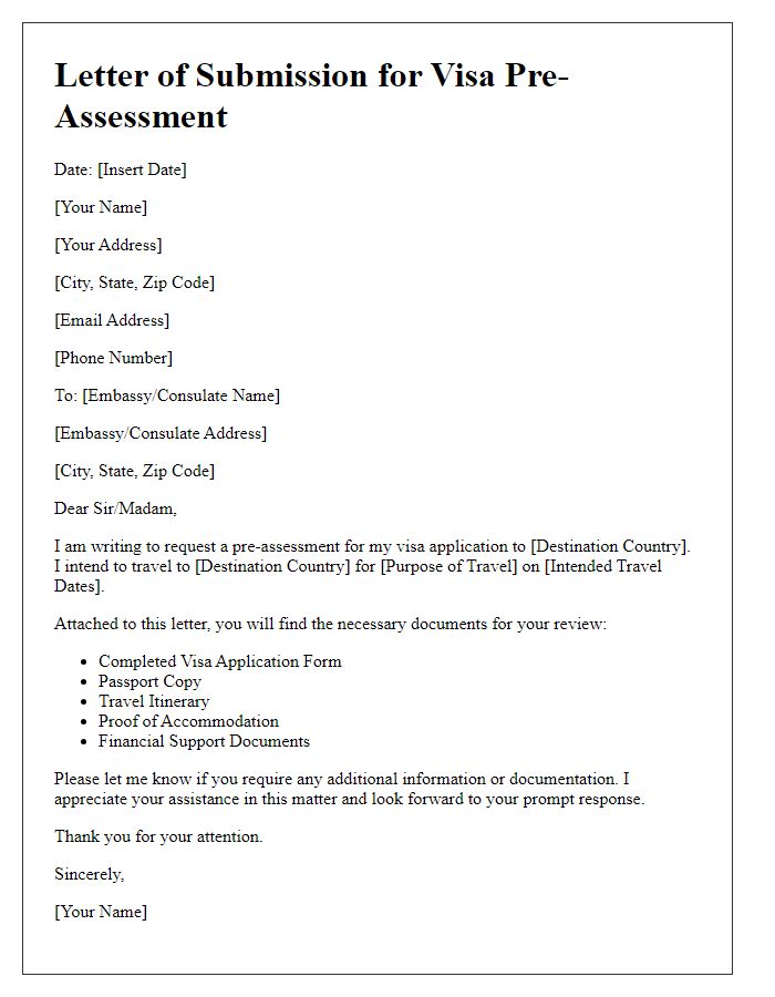 Letter template of submission for embassy visa pre-assessment