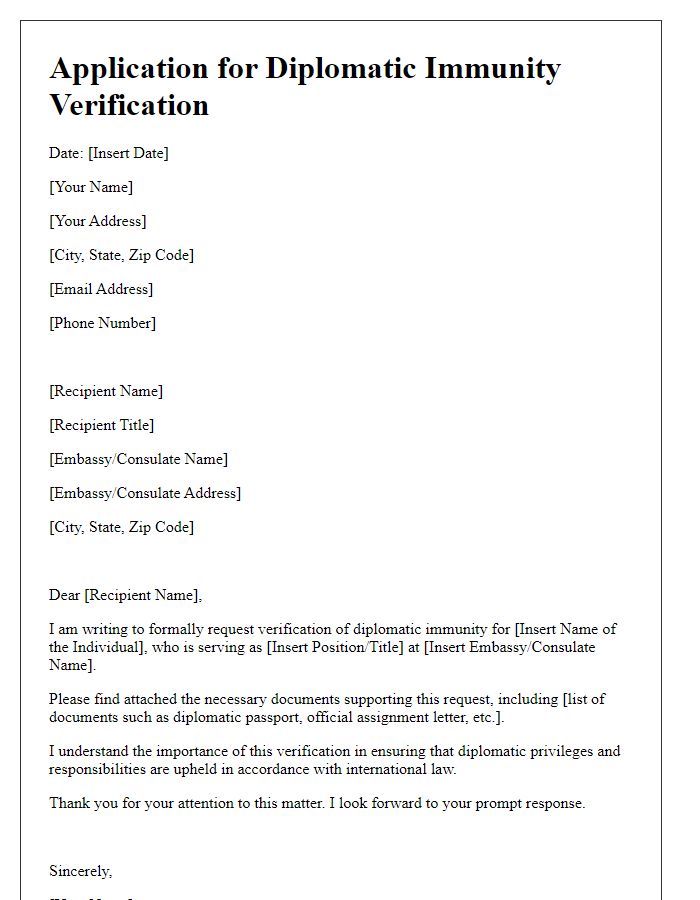 Letter template of application for diplomatic immunity verification.