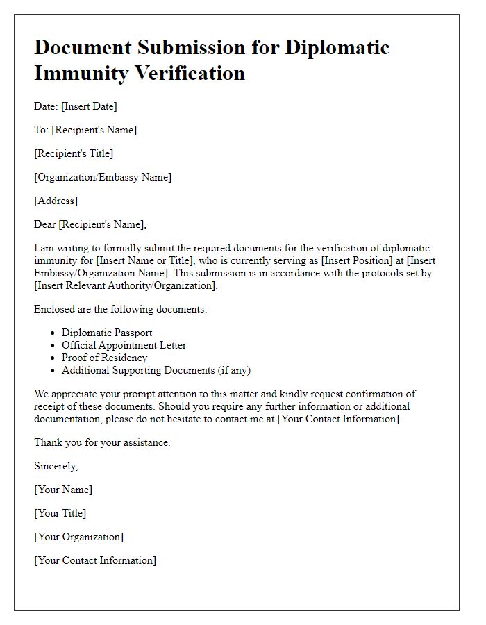 Letter template of document submission for diplomatic immunity verification.